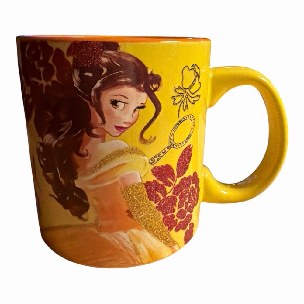 Disney Beauty And The Beast 20oz Princess Belle Yellow Coffee Mug With Glitter